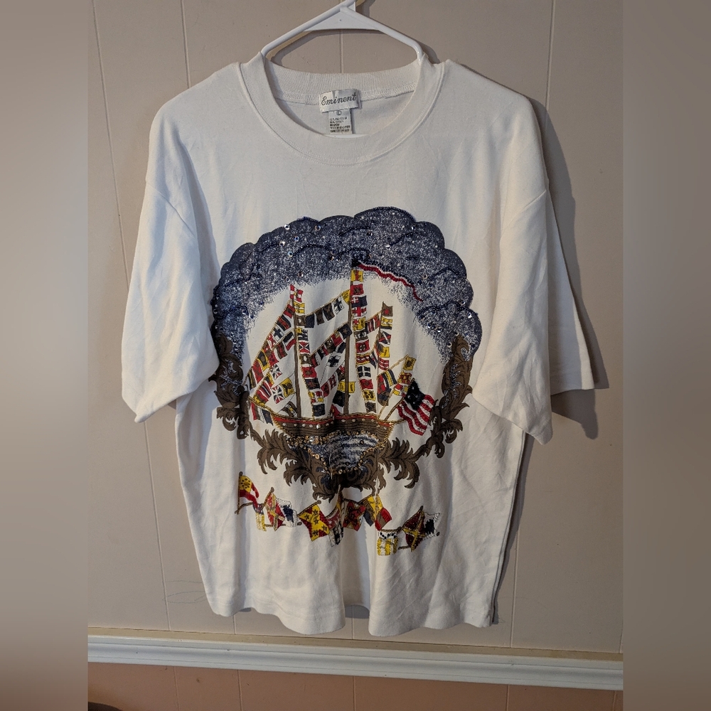 Vintage 80s Old Ship with Flags all about Sequins Half Sleeve Women's Size Large